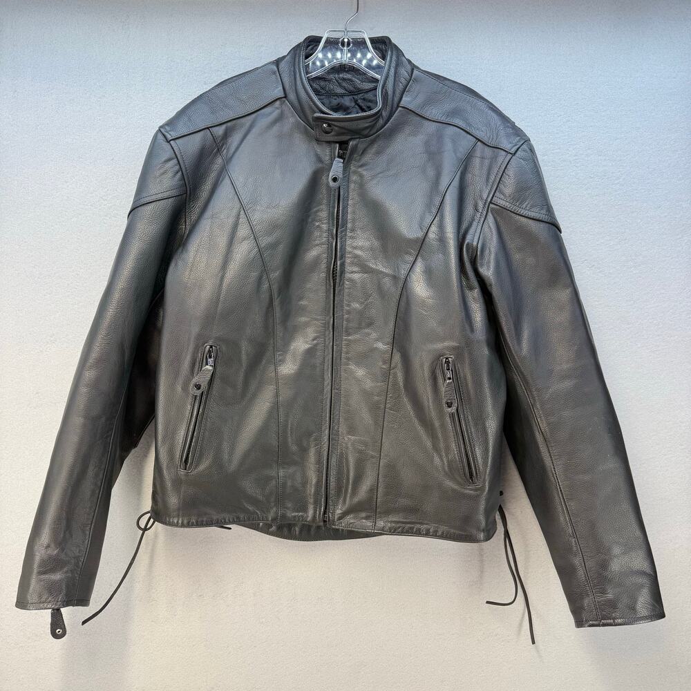 River Road Leather Motorcycle Jacket Men's L Black Laced Sides Lined Rugged